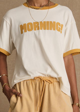 THE UPSIDE women’s natural organic cotton Morning Jacob Tee is an oversized fit with a butterscotch ribbed collar and pink paracord drawcord. Made for lifestyle.