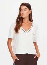 THE UPSIDE women’s natural Elina V Neck Tee is a boxy-fit style featuring a mini chest patch pocket and ribbed neckline with chocolate piping. Made for lifestyle.