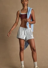 THE UPSIDE women's blue Austen Sequin Short is a mid-rise fit and features a curved hem, and a light blue elasticated drawcord. Made for lifestyle.