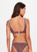 THE UPSIDE women’s brown recycled nylon Galaxia Kora Scoop Bra offers mid coverage with a square neck, open back, metallic fabric and soft purple rib binds. Made for swim.