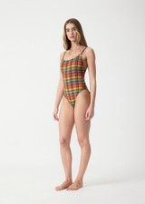THE UPSIDE women's check Del Sol Flow One Piece is low coverage and features a high shaped legline and navy elastic adjustable straps. Made for swim.