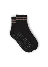 THE UPSIDE women’s black cotton Divina Grip Sock is anti slip and has a soft terry sole with bronze metallic stripes at ankle. Made for yoga and pilates.