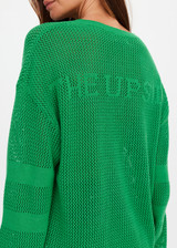 THE UPSIDE women's green organic cotton Fenway Sebastian Knit Crew is designed for a relaxed fit and features an open knit construction with The Upside logo knitted on back. Made for lifestyle.