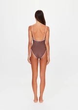 THE UPSIDE women's espresso metallic Galaxia Flow One Piece features a sccop front neckline and low back with adjustable straps and embroidered arrow logo on back. Made for swim.