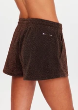 THE UPSIDE women's chocolate metallic Galaxia Marcella Short is a mid to low rise fit and features an elasticated waistband, a purple paracord drawcord and side seam pockets. Made for lifestyle.