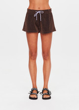 THE UPSIDE women's chocolate metallic Galaxia Marcella Short is a mid to low rise fit and features an elasticated waistband, a purple paracord drawcord and side seam pockets. Made for lifestyle.