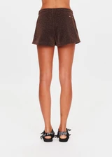 THE UPSIDE women's chocolate metallic Galaxia Marcella Short is a mid to low rise fit and features an elasticated waistband, a purple paracord drawcord and side seam pockets. Made for lifestyle.