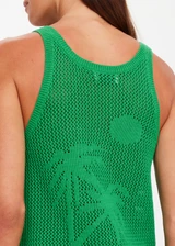 THE UPSIDE women's green organic cotton La Paz Riva Knit Tank is a basketball tank style featuring an open knit construction and a knitted palm tree detail on back. Made for lifestyle.