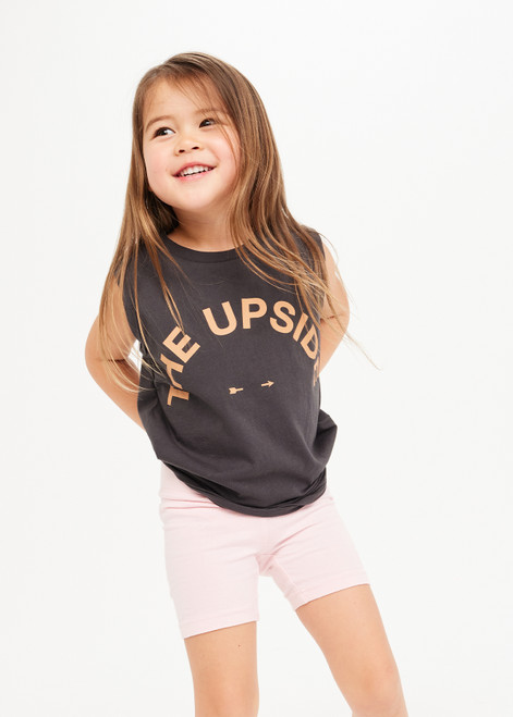 THE UPSIDE kids muscle tank in Washed Black is made from organic cotton jersey and features a ribbed cotton neckband, raw hem and printed horseshoe logo at centre front.