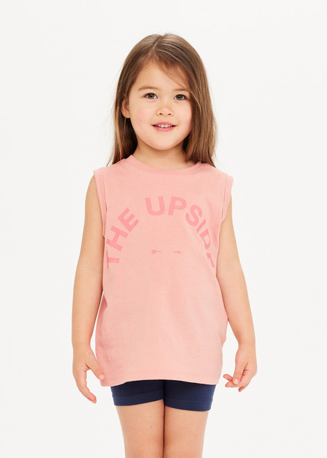 THE UPSIDE kids muscle tank in Blush Pink is made from organic cotton jersey and features a ribbed cotton neckband, raw hem and printed horseshoe logo at centre front.