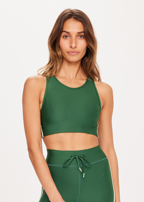 THE UPSIDE Oxford Nora Bra in Fern Green is a sustainable high neck bra with half-moon cut out at back, contrast binds at sides and removable cups.
