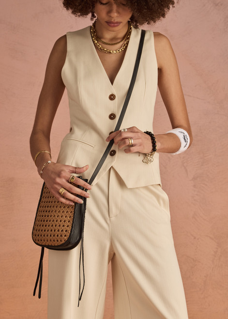 THE UPSIDE women's cream pinstripe Orion Jackie V Neck Waistcoat is a true-to-size fit and features an adjustable waist belt and welt pockets. The perfect wardrobe essential.