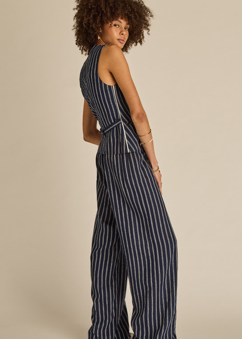 THE UPSIDE women's navy & white stripe Belize Charli Drawstring Pant is a low-rise regular fit, featuring a elasticated waistband with drawcord. Perfect for everyday.