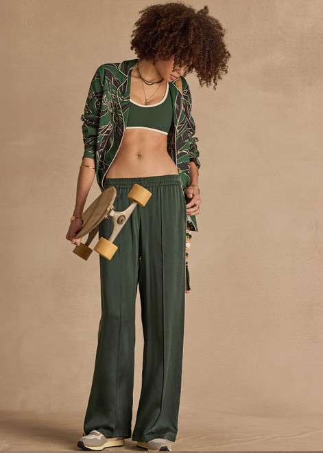 THE UPSIDE women's green Marnie Silk Wide Leg Pant is true to size with high-rise fit, elasticated waistband, and cream side seam bindings. Made for lifestyle.