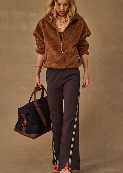 THE UPSIDE women's brown Harlow Fleece Pullover features quarter zip, elastic cuffs and waist, and is made from a recycled sherpa fabrication. Made for lifestyle.