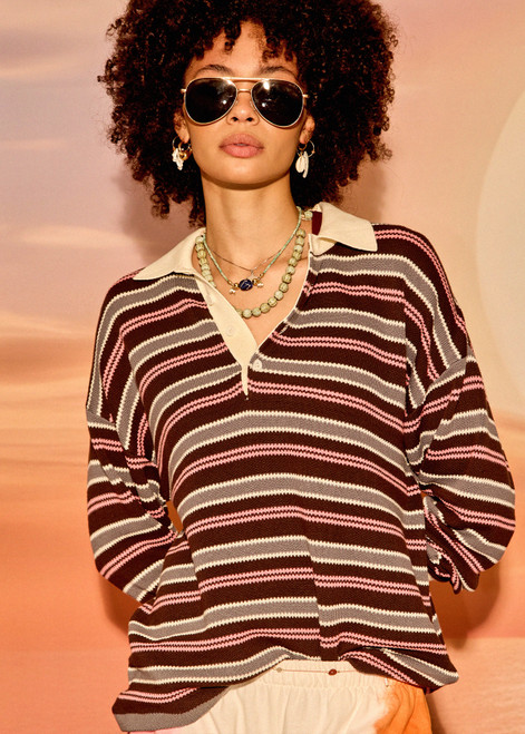 THE UPSIDE women’s stripe 100% cotton Wonder Knit Polo has a brown, pink, cream and grey stripe design with contrast collar and sleeve cuffs. Made for lifestyle.