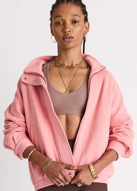 THE UPSIDE women’s pink organic cotton Bonita Carmen Moto Jacket is a relaxed-fit, zip-through style with a high neck and full lining. Made for lifestyle.