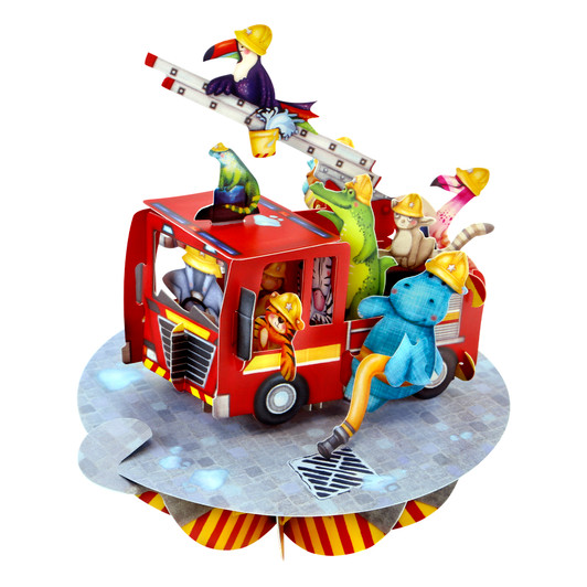 3D Pop-Up Card - Animal Fire truck Spinning Pirouette Card - Luxury Greetings Card For Kids, For Boys, For Girls, For Birthday