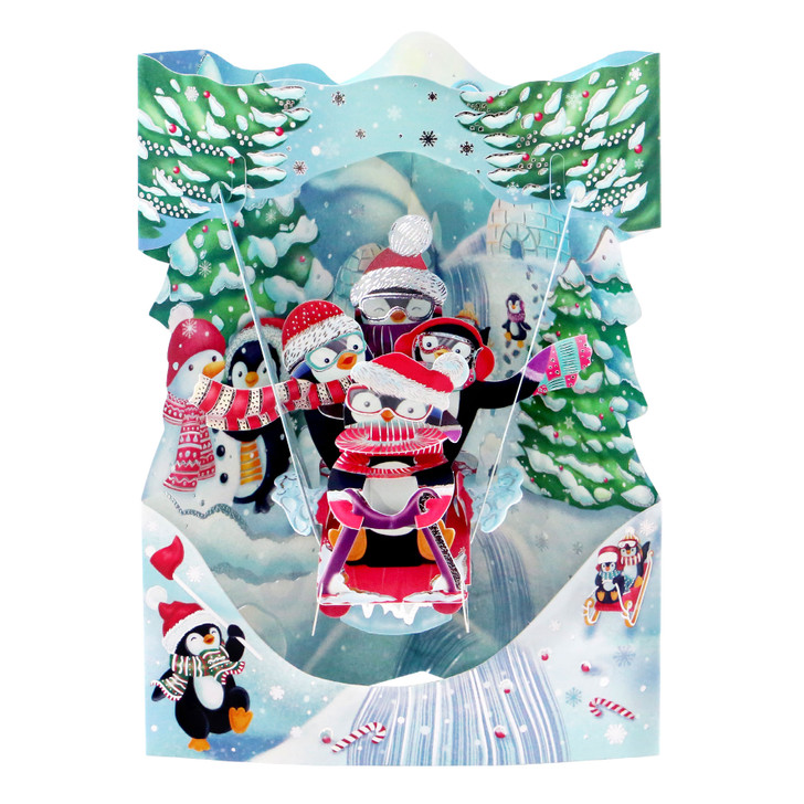 3D Pop-Up Christmas Card - Sledging Penguins Swing Card - Luxury Holiday Card for Family, Kids, for Him, for Her