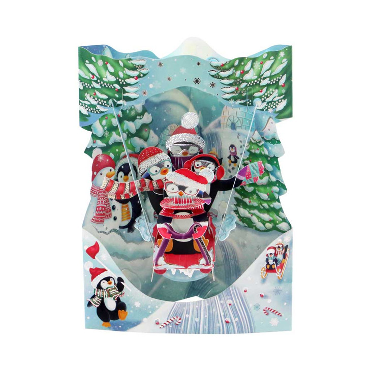 3D Pop-Up Christmas Card - Sledging Penguins Swing Card - Luxury Holiday Card for Family, Kids, for Him, for Her