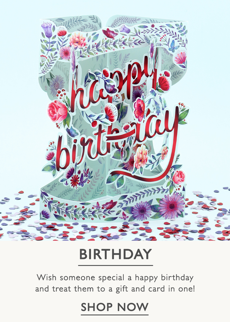 A 3D blue and pink birthday card with a button to shop all birthday cards