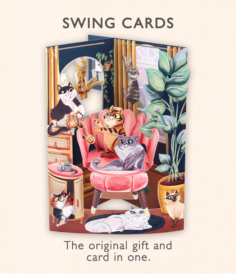 A 3d cat card with a link to Santoro Swing cards 