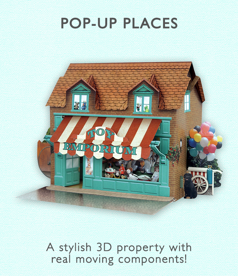 A 3d Toy shop card with a link to all Santoro pop-up places 