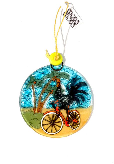 Glass Rooster on Bicycle Ornament 3"