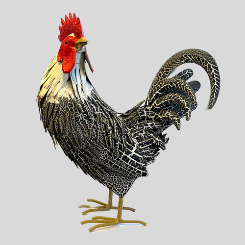 Max is a metal rooster posed with his head looking to the left behind him, with a white neck and body with black feathers that have a crackled effect on them. He stands 14 inches tall, 5 inches wide, and about 13 inches long from chest to tail (Tail is Detachable).

Hundreds of black and white crackle painted feathers create this classic Max Rooster.

The splendid feathering is accompanied with a brightly painted comb, wattle, and beak. When coupled with their lifelike size and posture, you might just confuse these Max Roosters for the real thing.

 

Dimensions
 
11.5"x5"x14"
Material
 
Metal
 

Black and white crackle paint
Life sized
Detailed realistic feather detail
Weather & fade resistant paint