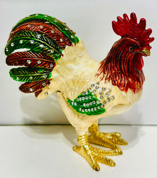 Key West Rooster Green-Brown tail, Metal, Key West, Trinket Box #21