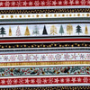 Striped Christmas fabric with trees, snowflakes, holly, and geometric bands