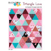 Triangle Love quilt with pink, red, and aqua triangle blocks shown as a finished quilt - pattern cover image with digital finished quilt.