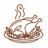 Cooked turkey outline embroidery on platter with steam and garnish
