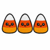 Three smiling candy corn embroidery characters in orange, yellow, and white