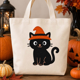 Witch cat Halloween embroidery design stitched on a cream tote bag