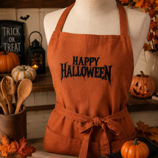 Happy Halloween text embroidery stitched on an orange kitchen apron