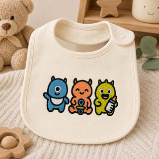Three colorful adorable monster embroidery characters stitched on a cream baby bib