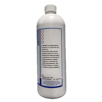 Quart bottle of white machine oil shown from the front