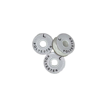 Three Sew Smooth Style L polyester bobbins on white background