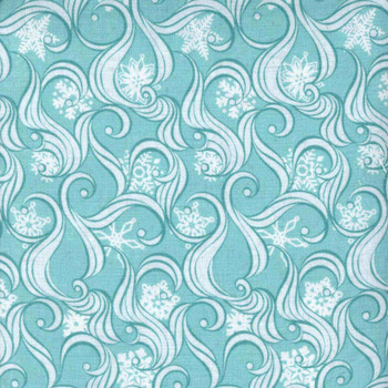 Aqua Christmas fabric with white swirling paisley and snowflakes