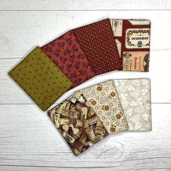 Vintage Wines fat quarter bundle in burgundy, olive, cream, and wine-themed prints