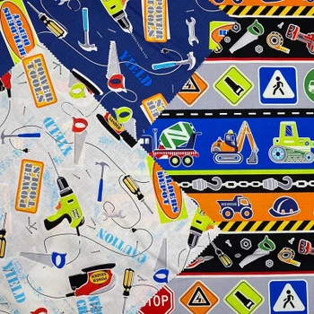 Construction Crew fabric panel with colorful construction signs and vehicles