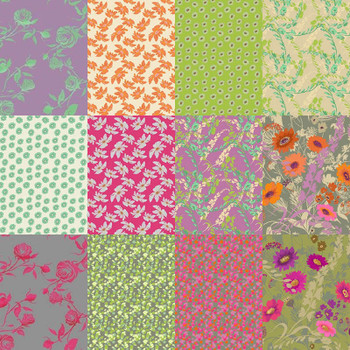 RB Studios Everglades 5-inch fabric squares in green, pink, orange, and floral prints