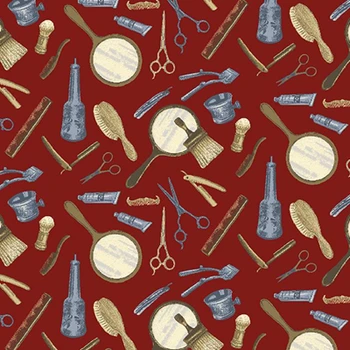 Red Barber Shop Tools of the Trade quilting fabric by Benartex
