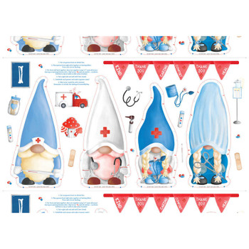 White Caring Gnomes Doll Panel quilting fabric by Benartex