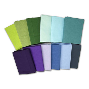 Cool Solids 12-piece fat quarter bundle in green, blue, teal, and purple