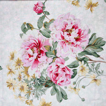 Rose Bouquet fabric with large pink roses and green leaves on pale blue