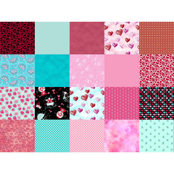 Triangle Love fat quarter assortment in pink, aqua, red, black, and heart prints