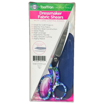 Packaged eight-inch dressmaker fabric shears with iridescent handles