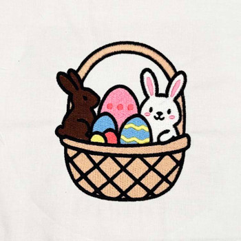 Easter bunny basket machine embroidery design with chocolate bunny, white rabbit and colorful eggs, DST embroidery file
